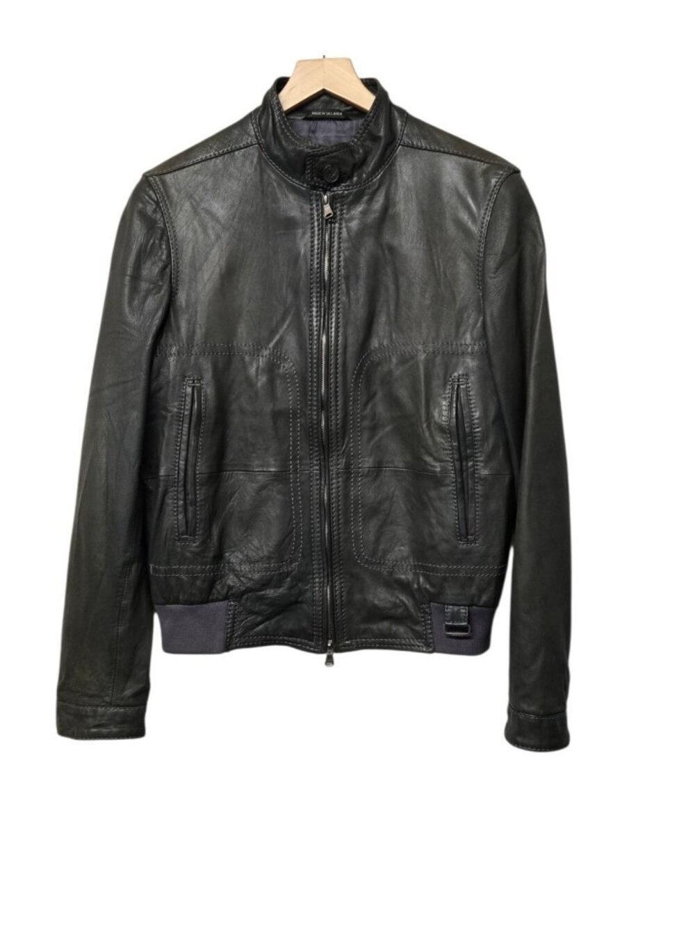 BOSS by Hugo Boss 100% Lamb Leather Zip-Up Bomber Jacket 38R Green Stand Collar
